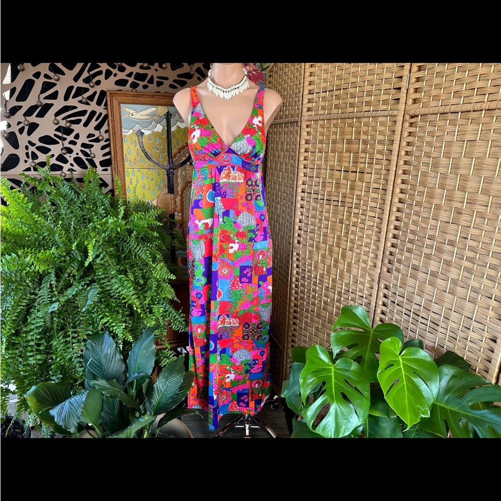 70s Vintage Vibrant Colorful Halter Maxi Dress